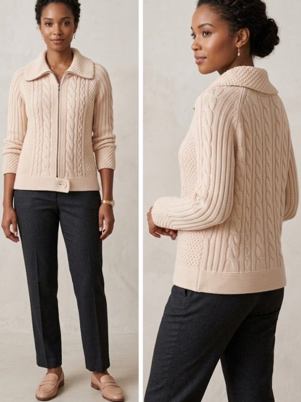 DKNY Jeans 100% Cotton Cream Cable Knit Collared Zip Sweater Womens XL Cardigan